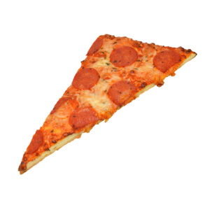 An appetizing slice of pepperoni pizza slice with golden brown cheese and juicy pepperoni slices on a white background.