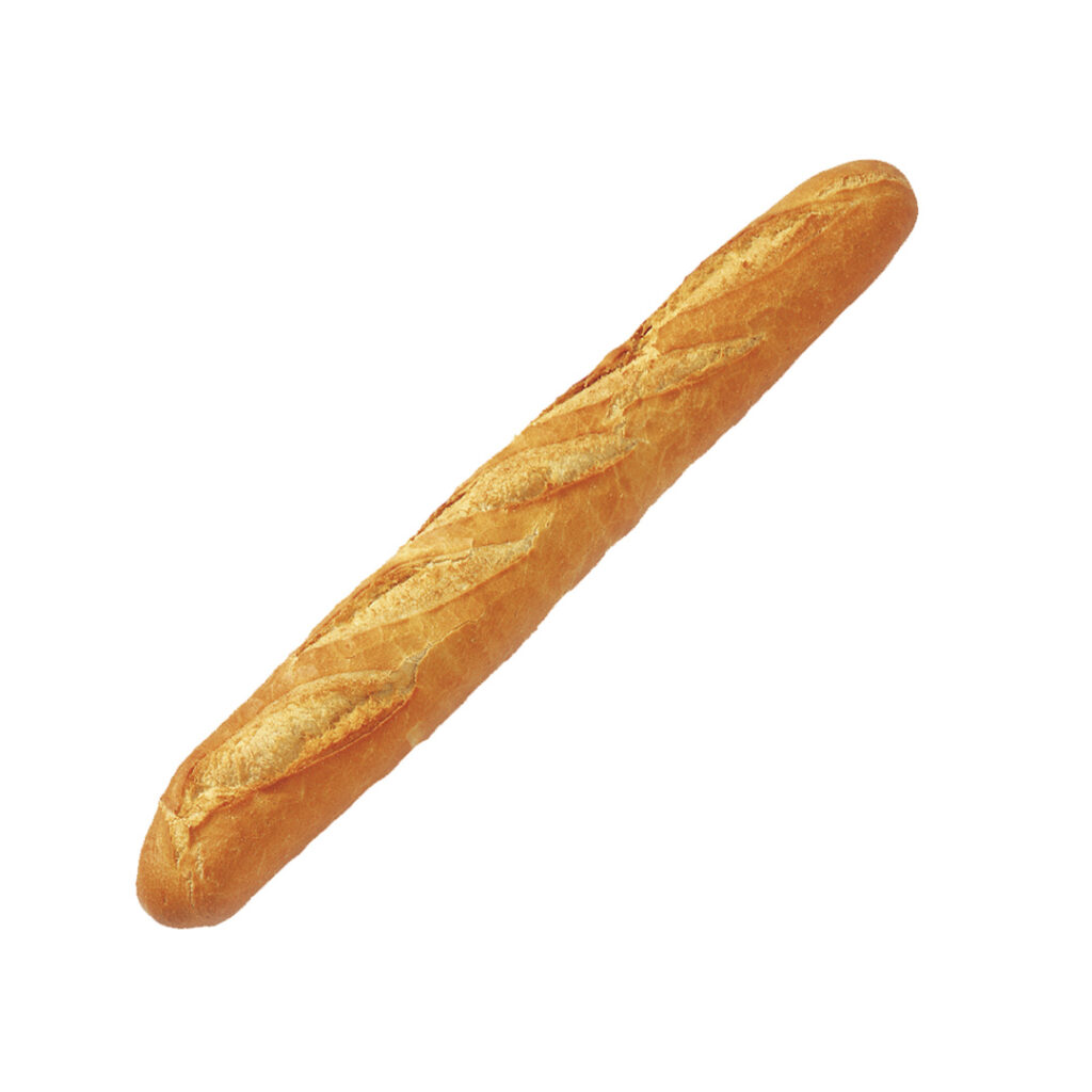 Frisch gebackenes Baguette mit knuspriger Kruste auf weißem Hintergrund.