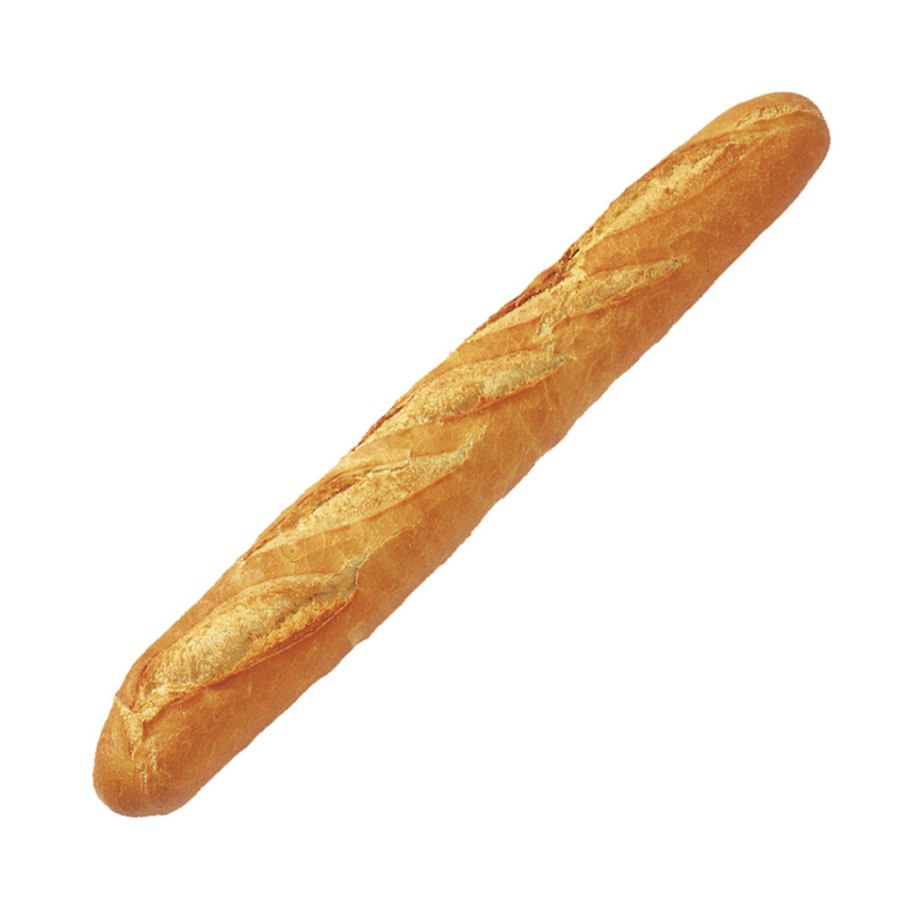 Frisch gebackenes Baguette mit knuspriger Kruste auf weißem Hintergrund.