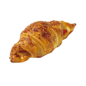 Golden brown ham and cheese croissant on a white background.