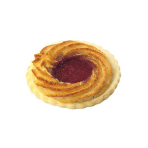 Frisch gebackenes Pfauenauge mit knusprigem Rand und glänzender Marmeladenfüllung