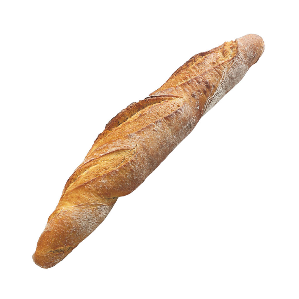 Mediterranes Steinofenbaguette mit drei diagonalen Schnitten und spitz zulaufenden Enden. Die Oberfläche ist rustikal.