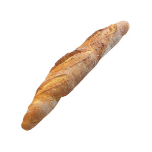 Mediterranes Steinofenbaguette mit drei diagonalen Schnitten und spitz zulaufenden Enden. Die Oberfläche ist rustikal.