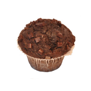 Premium-Schoko-Muffin mit knusprigen Schokostückchen im Teig und dekorativen Schokostückchen.