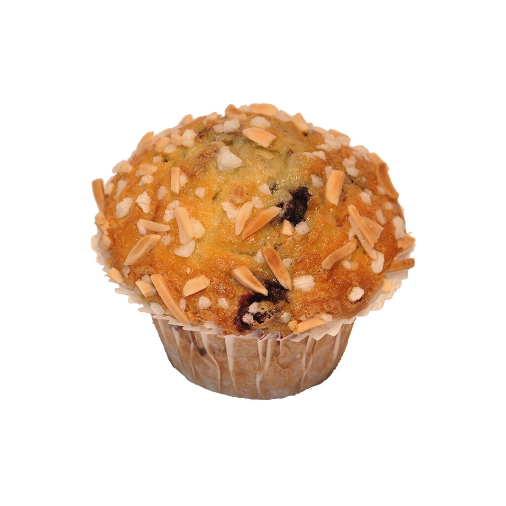 Premium-Blueberry-Muffin mit knusprigen Mandelblättchen auf der Oberseite.