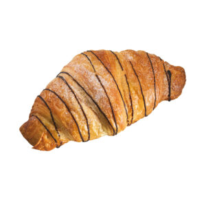 Freshly baked butter croissant with chocolate filling on a white background.