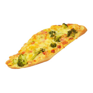 Freshly baked veggi rustico with broccoli and cheese topping on a white background.