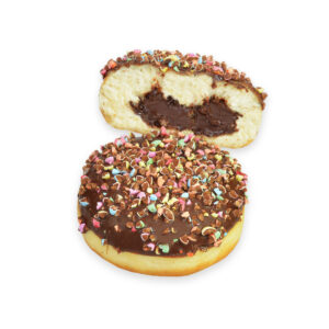 Halved Balldots cocoa with chocolate filling and colorful sprinkles on top.