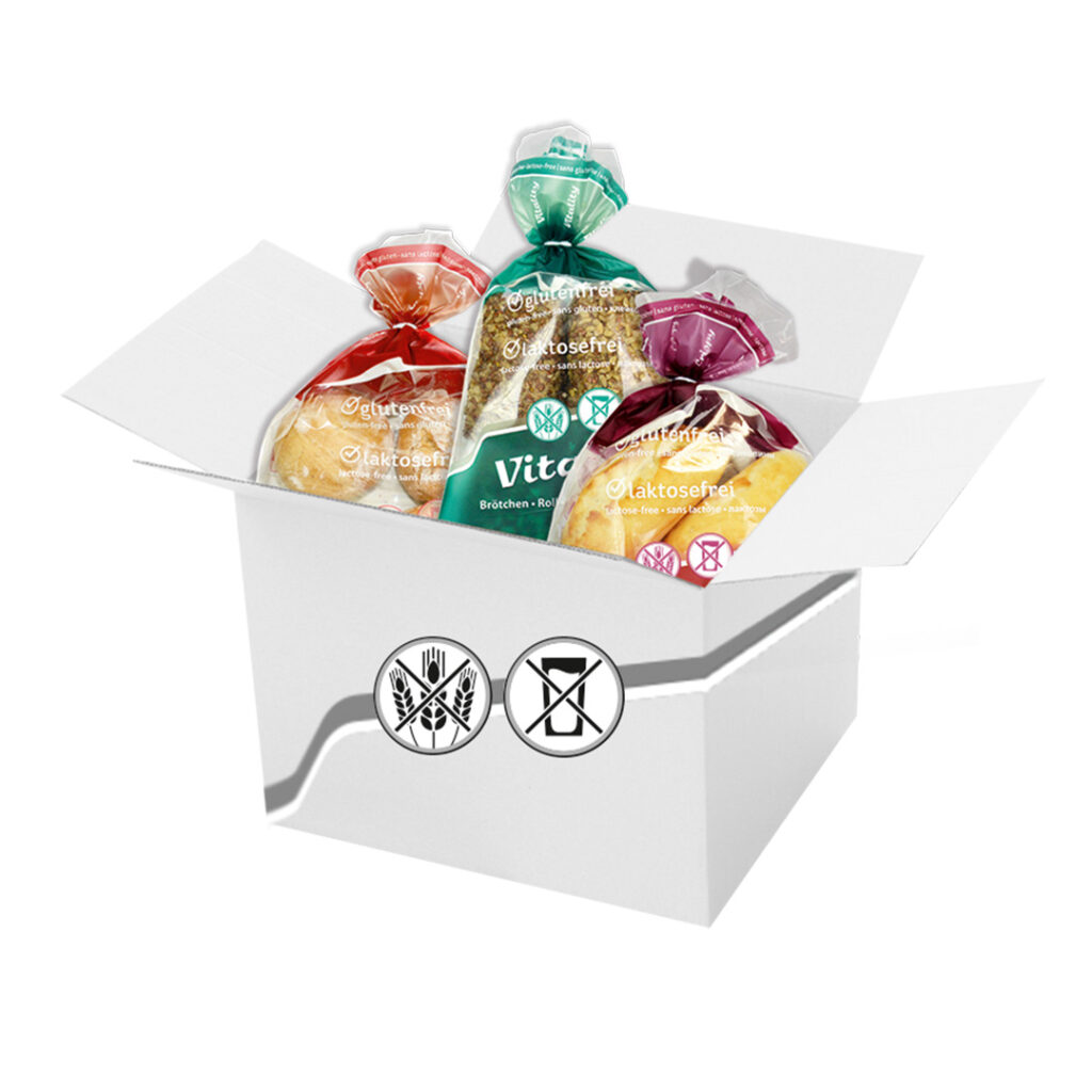 Ein Karton mit drei verschiedenen, farblich markierten Tiefkühlbrötchen, die als Brötchen-Trio bezeichnet werden und laktosefrei sind.