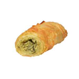 Golden-brown, crispy börek stick with visible spinach filling on a white background.