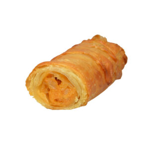 Golden-brown, crispy börek stick with visible potato filling on a white background