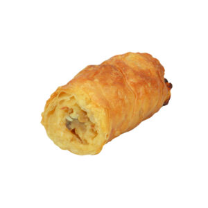 Golden-brown, crispy börek stick with visible chicken 4 cheese filling on a white background.