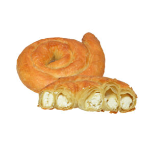 Freshly baked cheese curl on a white background.