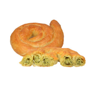 Freshly baked spinach curl on a white background.