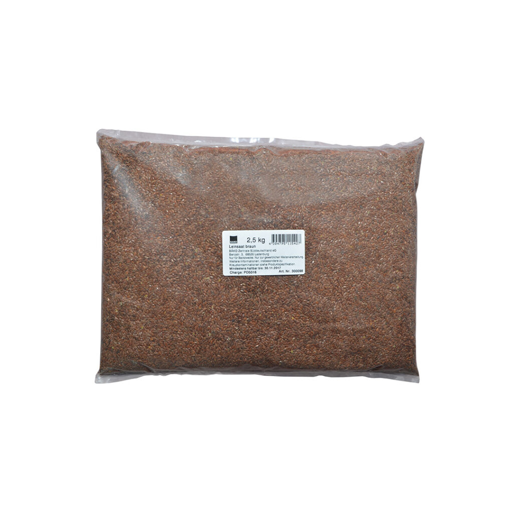 Packaging of 2.5 kg linseed for baked goods.