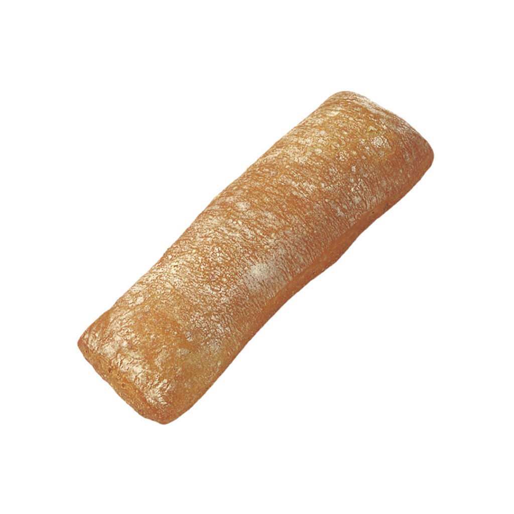 Ein frisch gebackenes Ciabatta-Brot mit einer goldenen, knusprigen Kruste, isoliert auf weißem Hintergrund.
