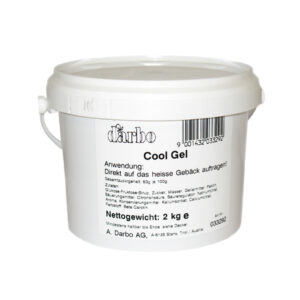 A 2 kg bucket of Darbo Cool Gel, a product for applying to hot baked goods, with detailed application and content information.