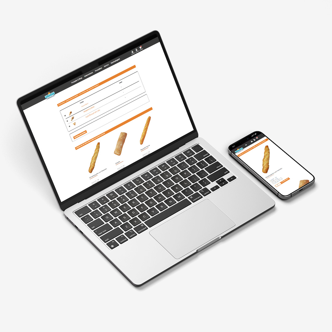 Ein Laptop und ein Smartphone zeigen den Warenkorb einer Tiefkühlbackwaren-Website mit ausgewählten Produkten.