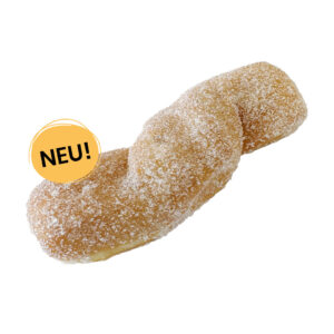 Ein Creme Twisty, bestreut mit feinem Zucker und einem gelben Störer mit der Aufschrift 'NEU!'