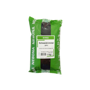 Grüne Verpackung mit einem Kilogramm ganzem Schwarzkümmel.