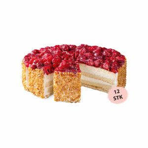 Eine Himbeer-Käse-Torte mit knusprigem Nussrand und leuchtend rotem Himbeerbelag. Ein Stück ist herausgeschnitten, um die cremigen Schichten im Inneren zu zeigen.