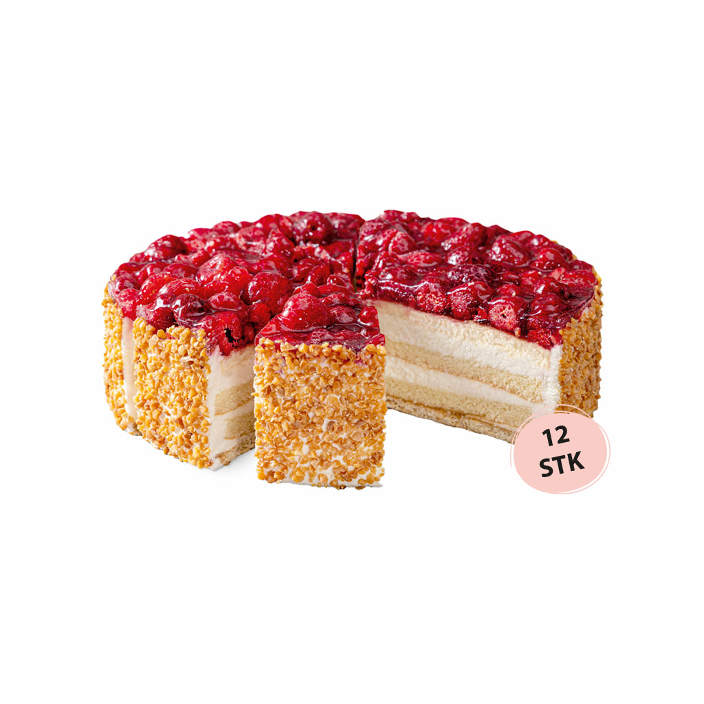 Eine Himbeer-Käse-Torte mit knusprigem Nussrand und leuchtend rotem Himbeerbelag. Ein Stück ist herausgeschnitten, um die cremigen Schichten im Inneren zu zeigen.