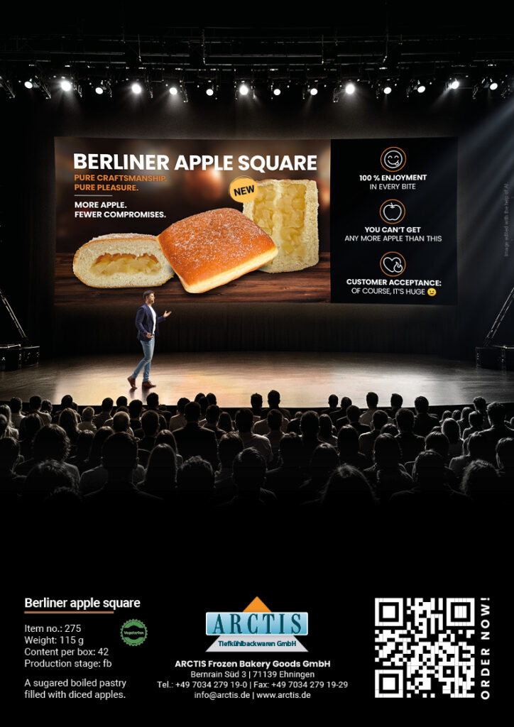 Produktflyer Frittiergebäck von ARCTIS mit Berliner-Apfelküchle, Vanillekrapfen, Berliner und Donuts als PDF-Download