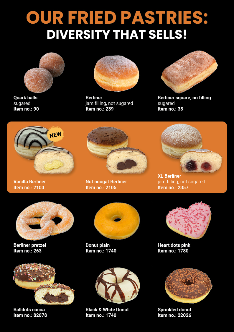 Produktflyer Frittiergebäck von ARCTIS mit Berliner-Apfelküchle, Vanillekrapfen, Berliner und Donuts als PDF-Download